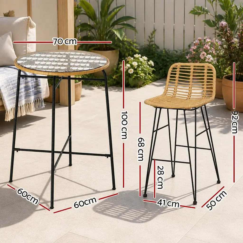 Outdoor Bar Set Wicker Chairs Table 3-Piece Brown Black