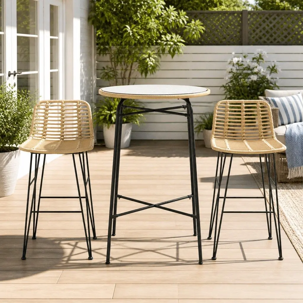 Outdoor Bar Set Wicker Chairs Table 3-Piece Brown Black