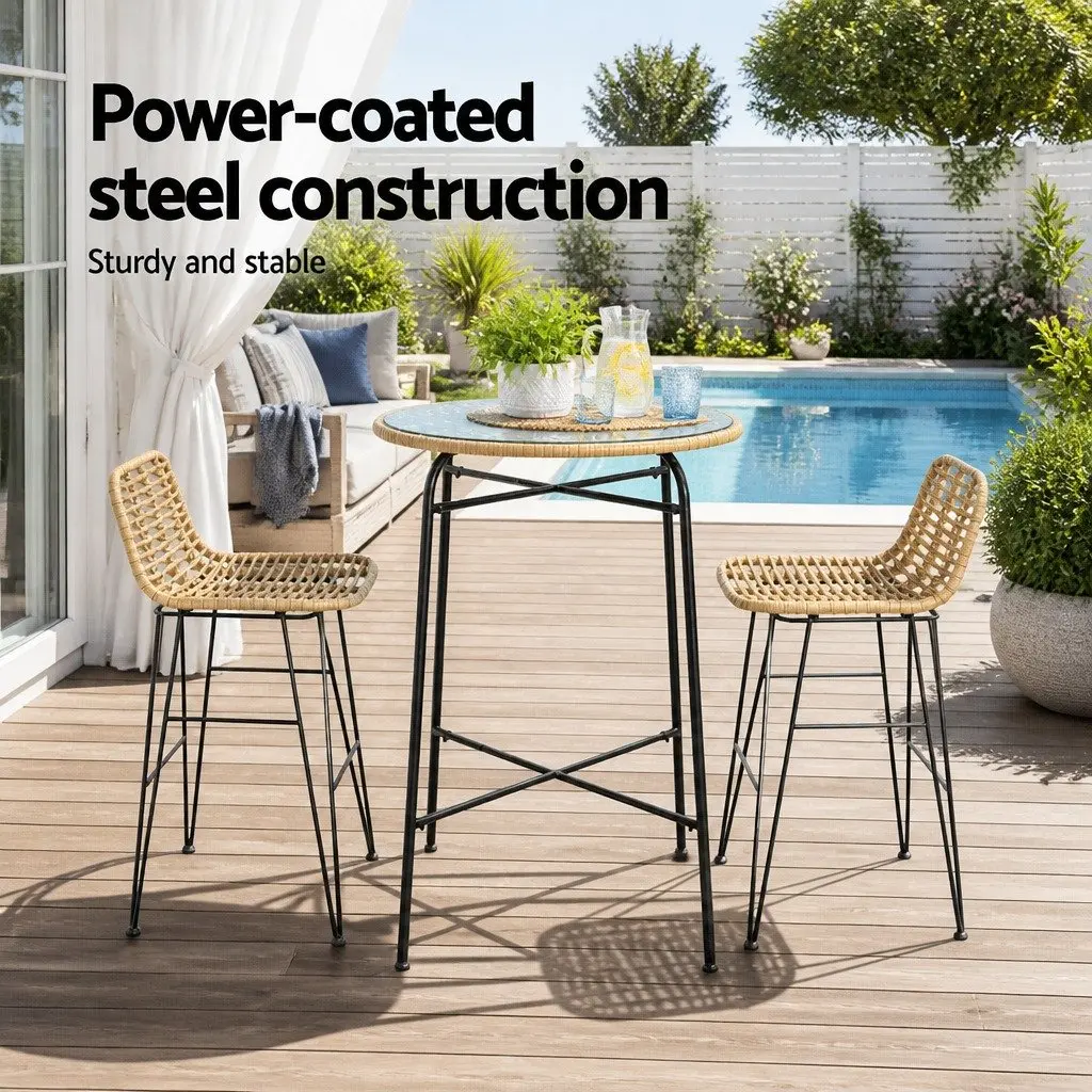 Outdoor Bar Set Wicker Chairs Table 3-Piece Brown Black