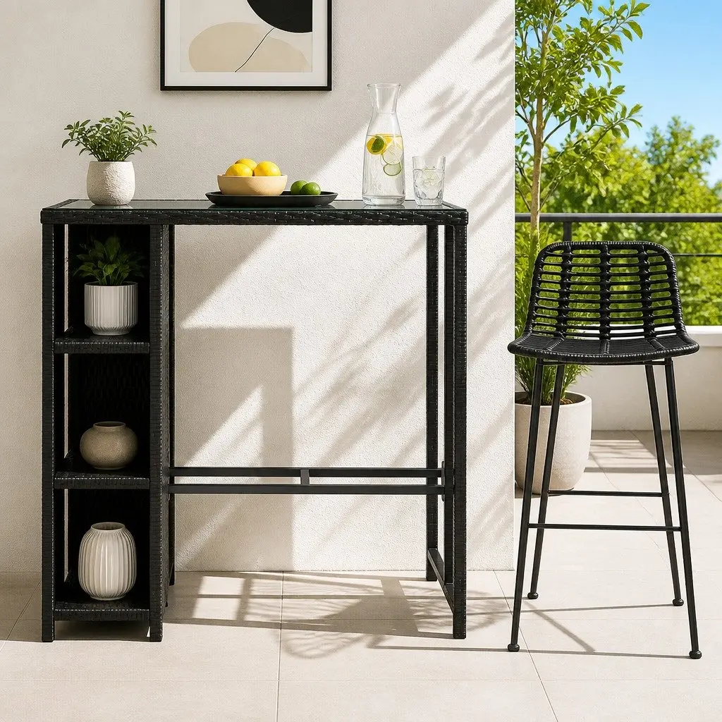 Outdoor Dining Set Wicker Chairs Bar Table Black Weather Resistant Metal Frame