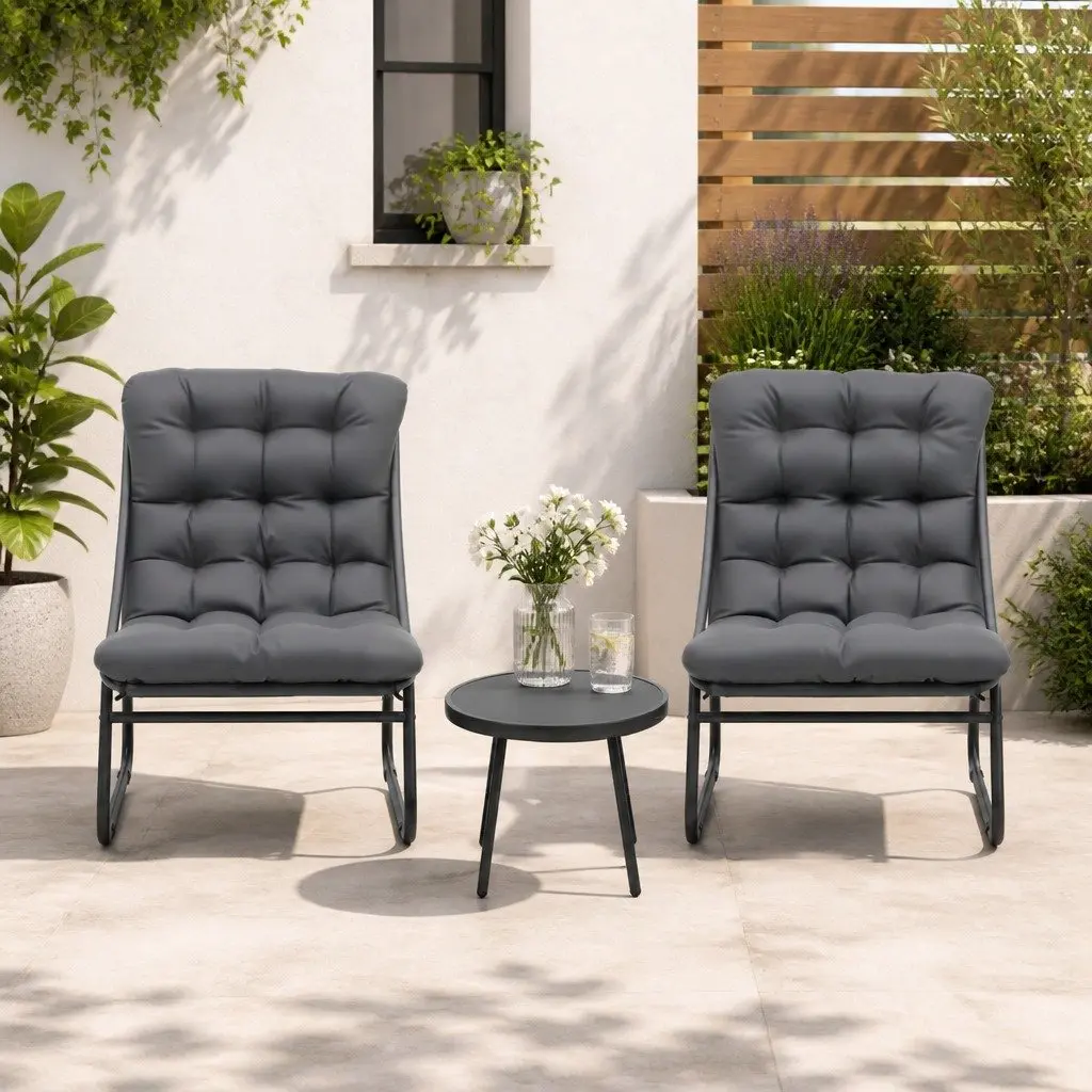 3 Piece Outdoor Bistro Dining Set Steel Frame Tempered Glass Table Textilene Backrest Cushioned Seating Grey