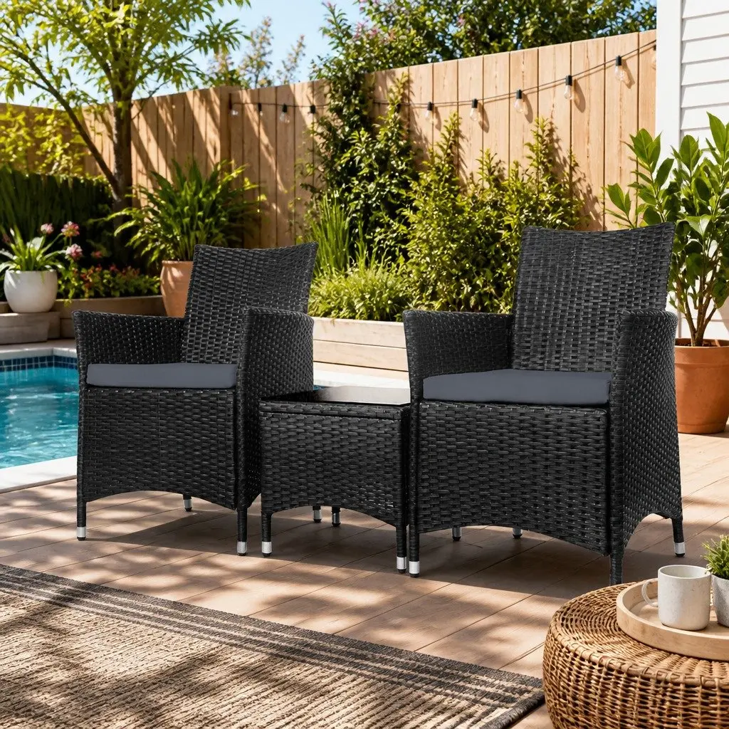 Outdoor Wicker Bistro Set Black Chairs and Side Table with Cushions 3 Piece