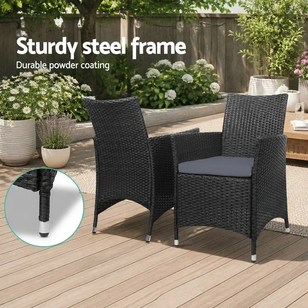 Outdoor Wicker Bistro Set Black Chairs and Side Table with Cushions 3 Piece