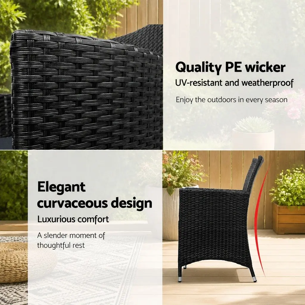 Outdoor Wicker Bistro Set Black Chairs and Side Table with Cushions 3 Piece