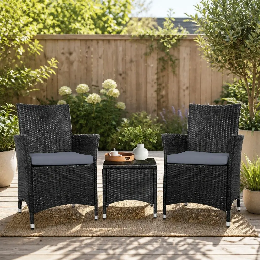 Outdoor Wicker Bistro Set Black Chairs and Side Table with Cushions 3 Piece