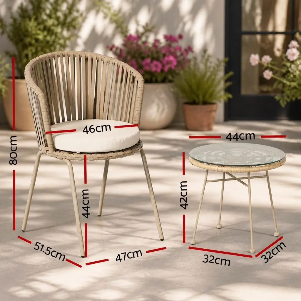 3 Piece Outdoor Bistro Set Patio Furniture Rope Chairs Coffee Table Brown Beige