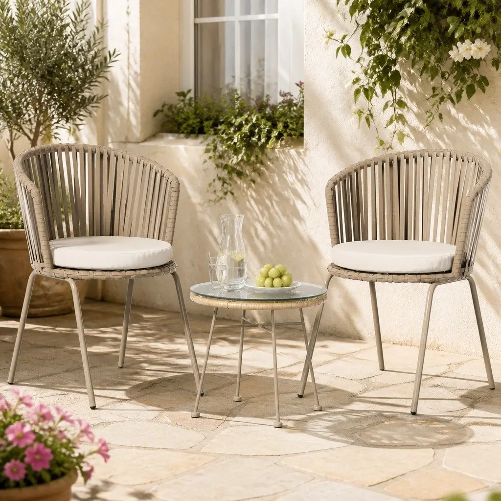 3 Piece Outdoor Bistro Set Patio Furniture Rope Chairs Coffee Table Brown Beige