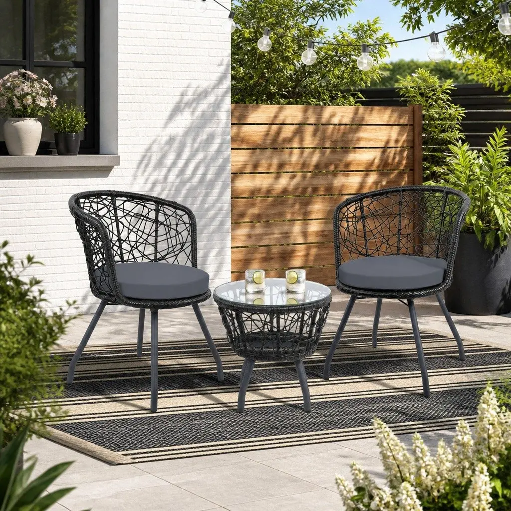 3PC Outdoor Rattan Bistro Set Black Round Table with Cushioned Chairs