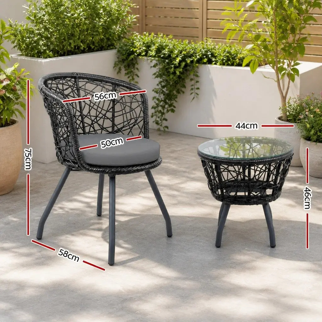 3PC Outdoor Rattan Bistro Set Black Round Table with Cushioned Chairs