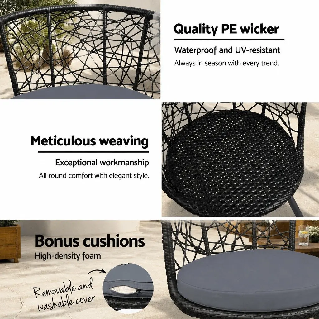 3PC Outdoor Rattan Bistro Set Black Round Table with Cushioned Chairs