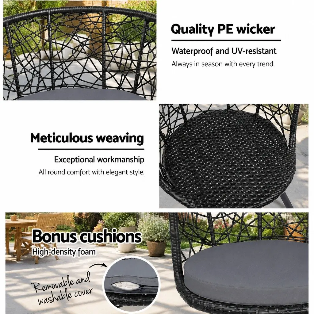 3PC Outdoor Rattan Bistro Set Black Round Table with Cushioned Chairs