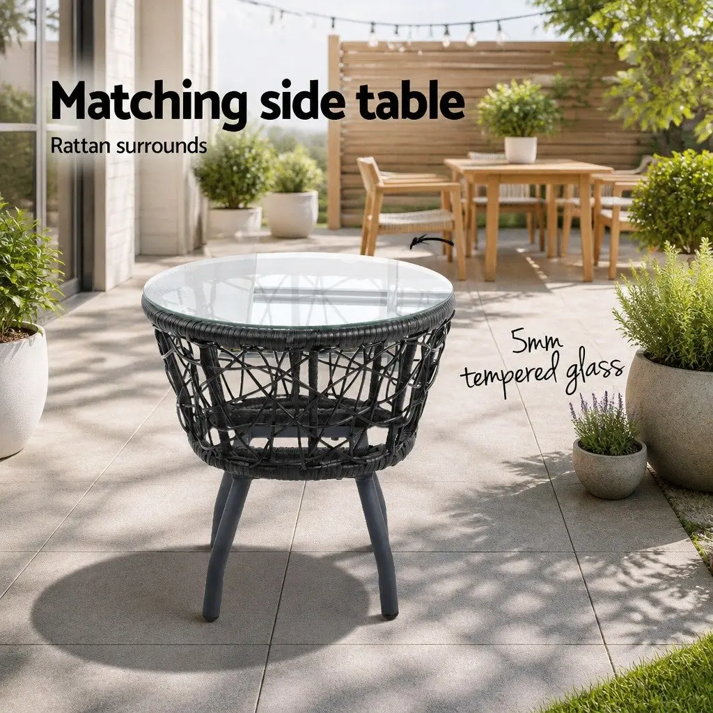 3PC Outdoor Rattan Bistro Set Black Round Table with Cushioned Chairs