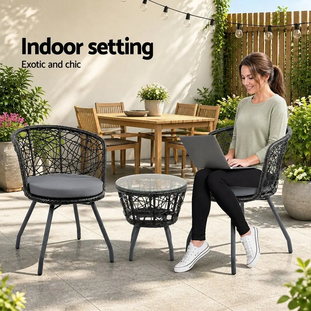 3PC Outdoor Rattan Bistro Set Black Round Table with Cushioned Chairs
