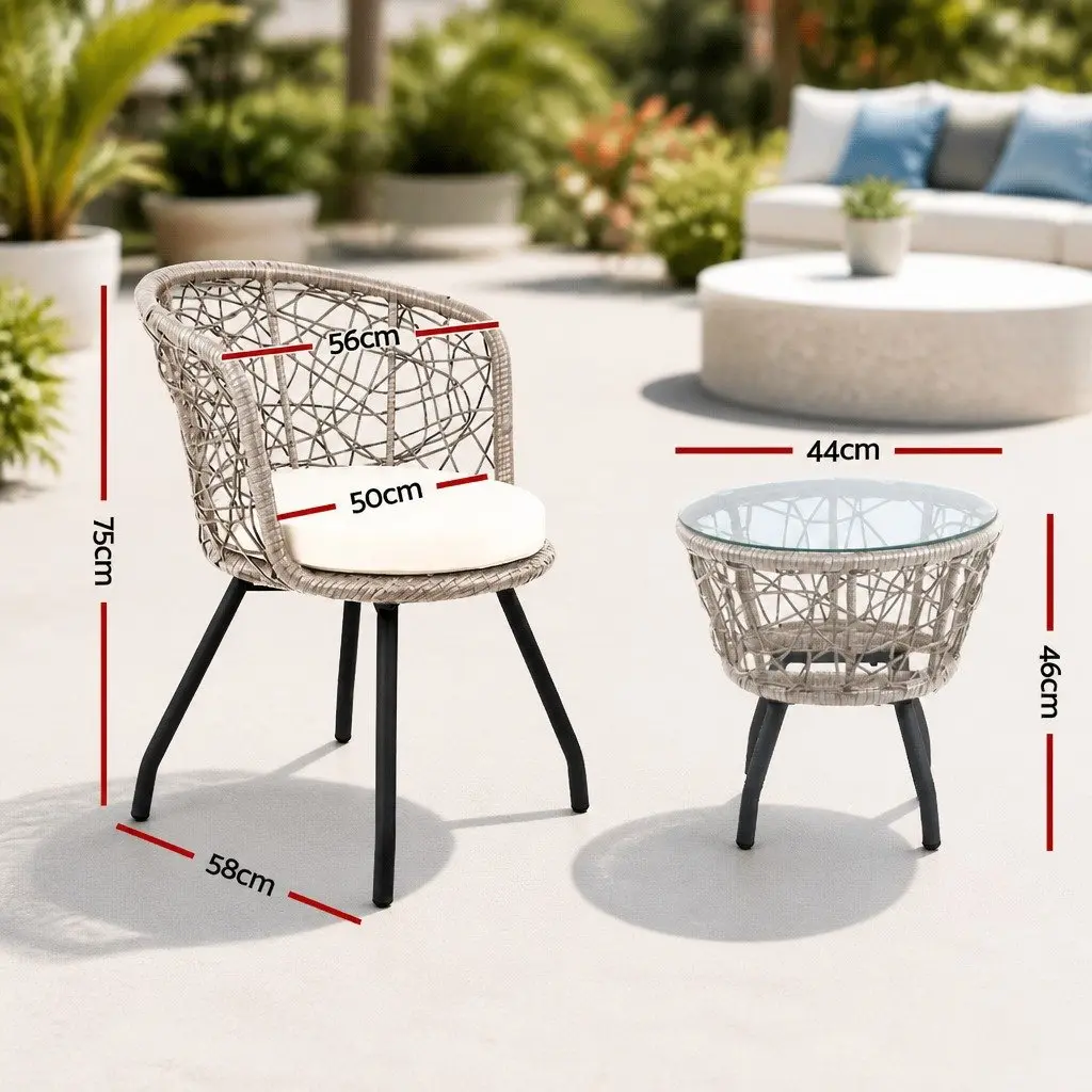 3PC Outdoor Rattan Bistro Set PE Wicker Round Table Chairs Grey