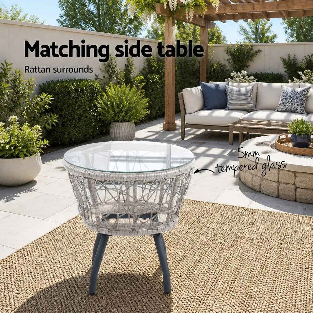 3PC Outdoor Rattan Bistro Set PE Wicker Round Table Chairs Grey