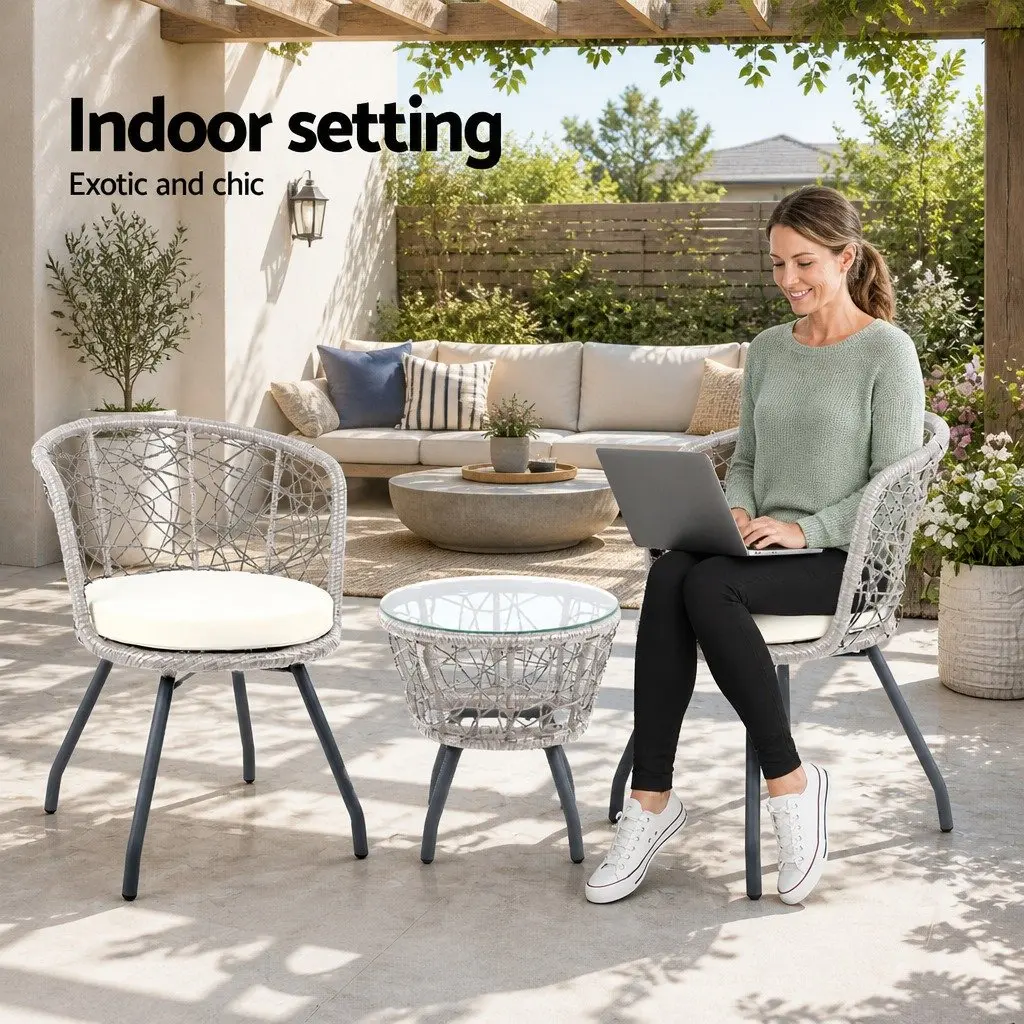 3PC Outdoor Rattan Bistro Set PE Wicker Round Table Chairs Grey