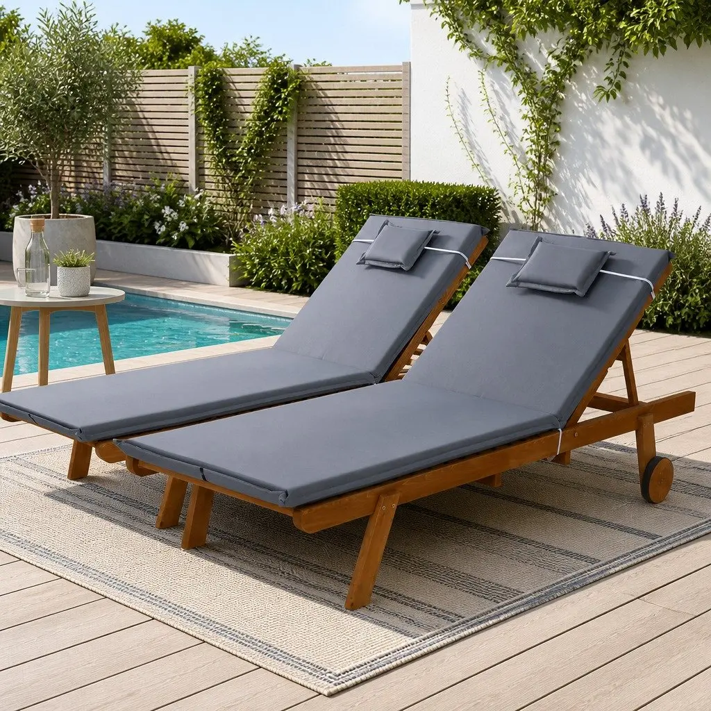 Outdoor Sun Lounger Wooden Adjustable Backrest Natural Wood Grey Cushion Set of 2