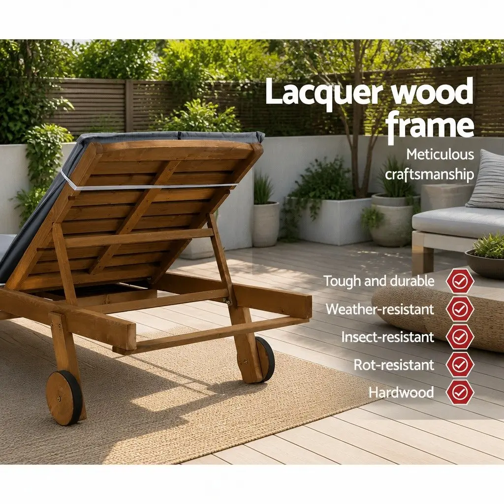 Outdoor Sun Lounger Wooden Adjustable Backrest Natural Wood Grey Cushion Set of 2