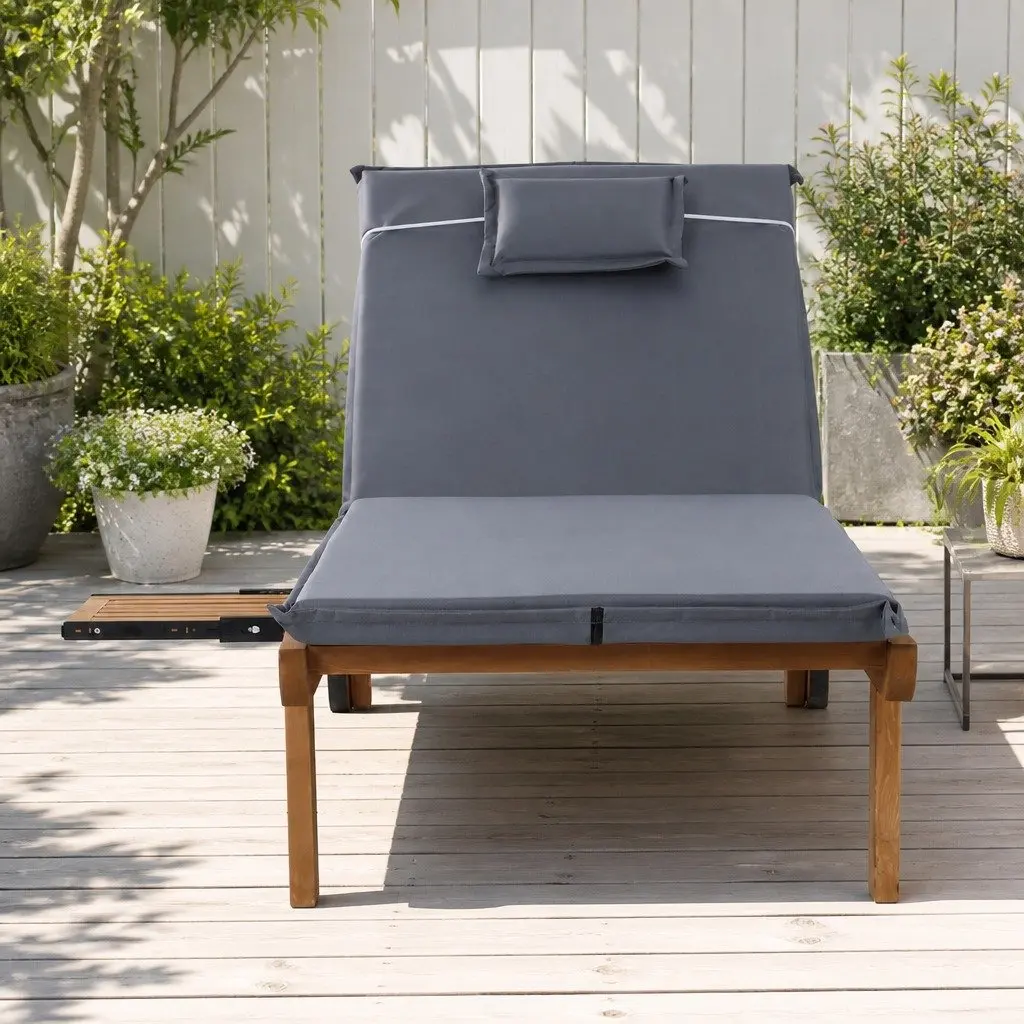 Wooden Sun Lounge Outdoor Lounger Day Bed with Wheels Adjustable Backrest Grey