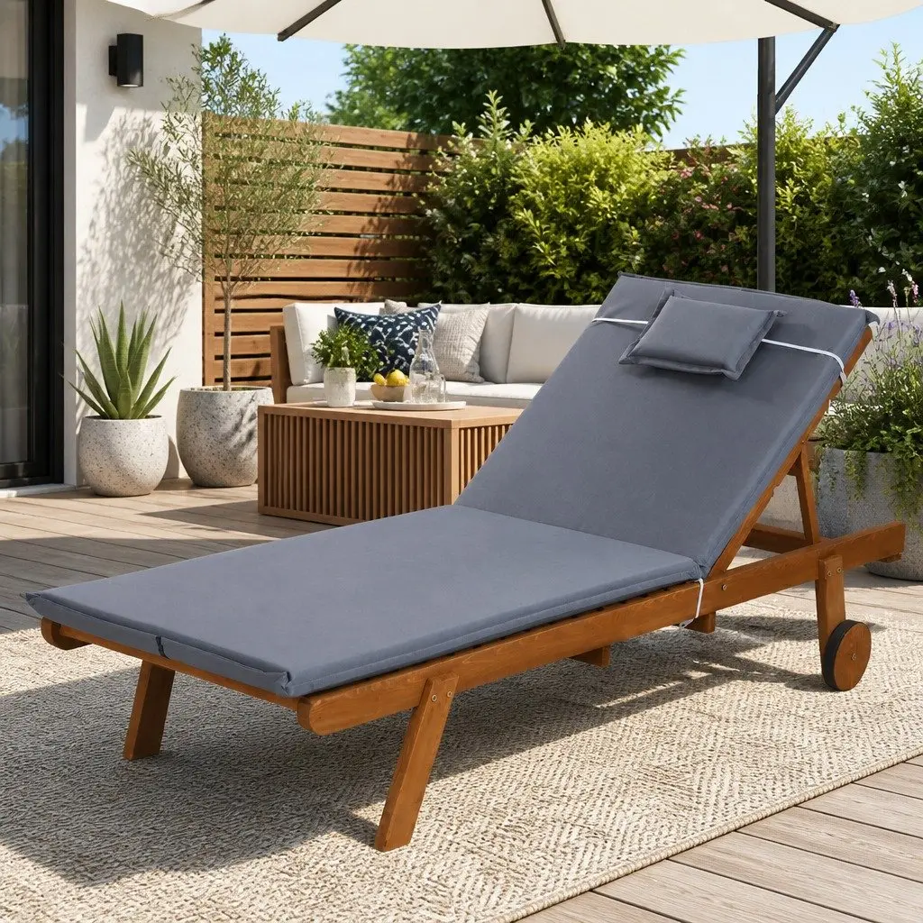 Wooden Sun Lounge Outdoor Lounger Adjustable Backrest Grey 195cm L x 68cm W x 89cm H