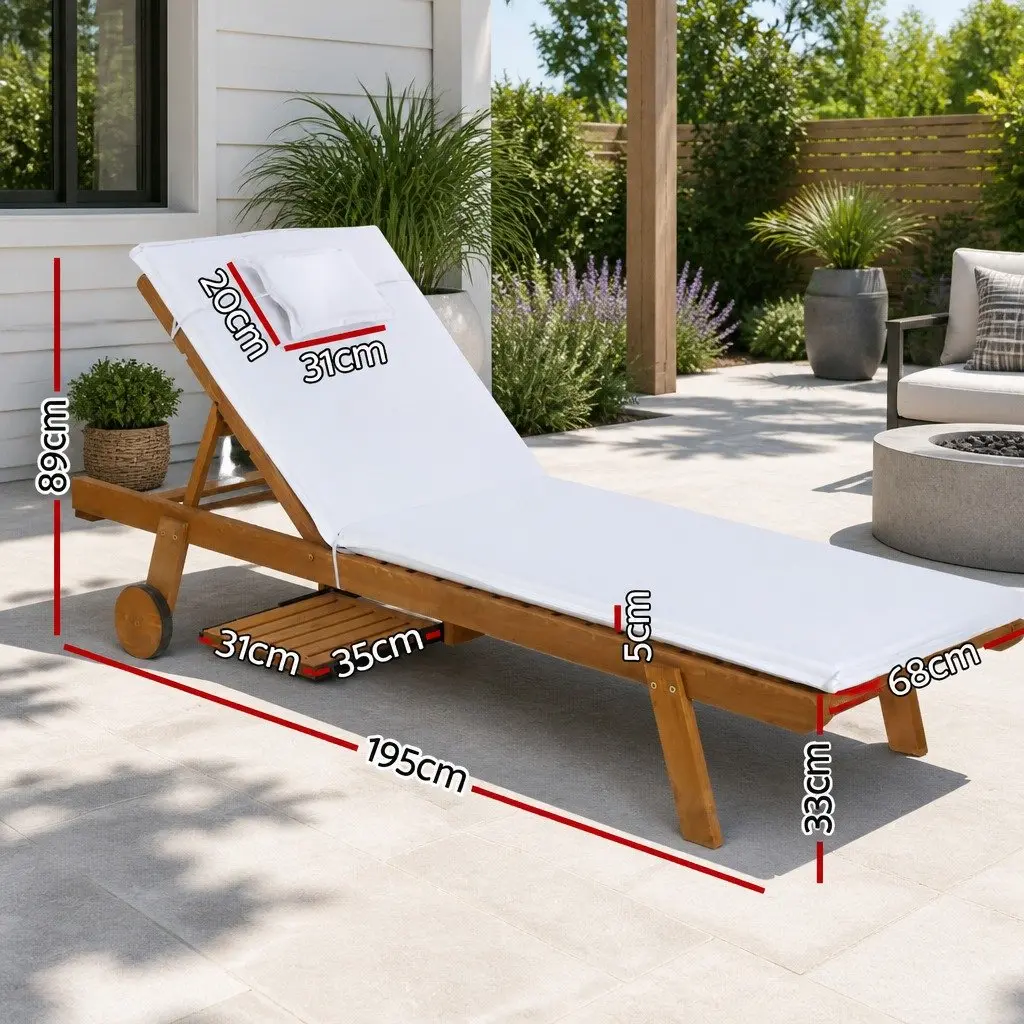 Sun Lounge Wooden Lounger Adjustable Outdoor Furniture Day Bed Natural Wood White Cushion