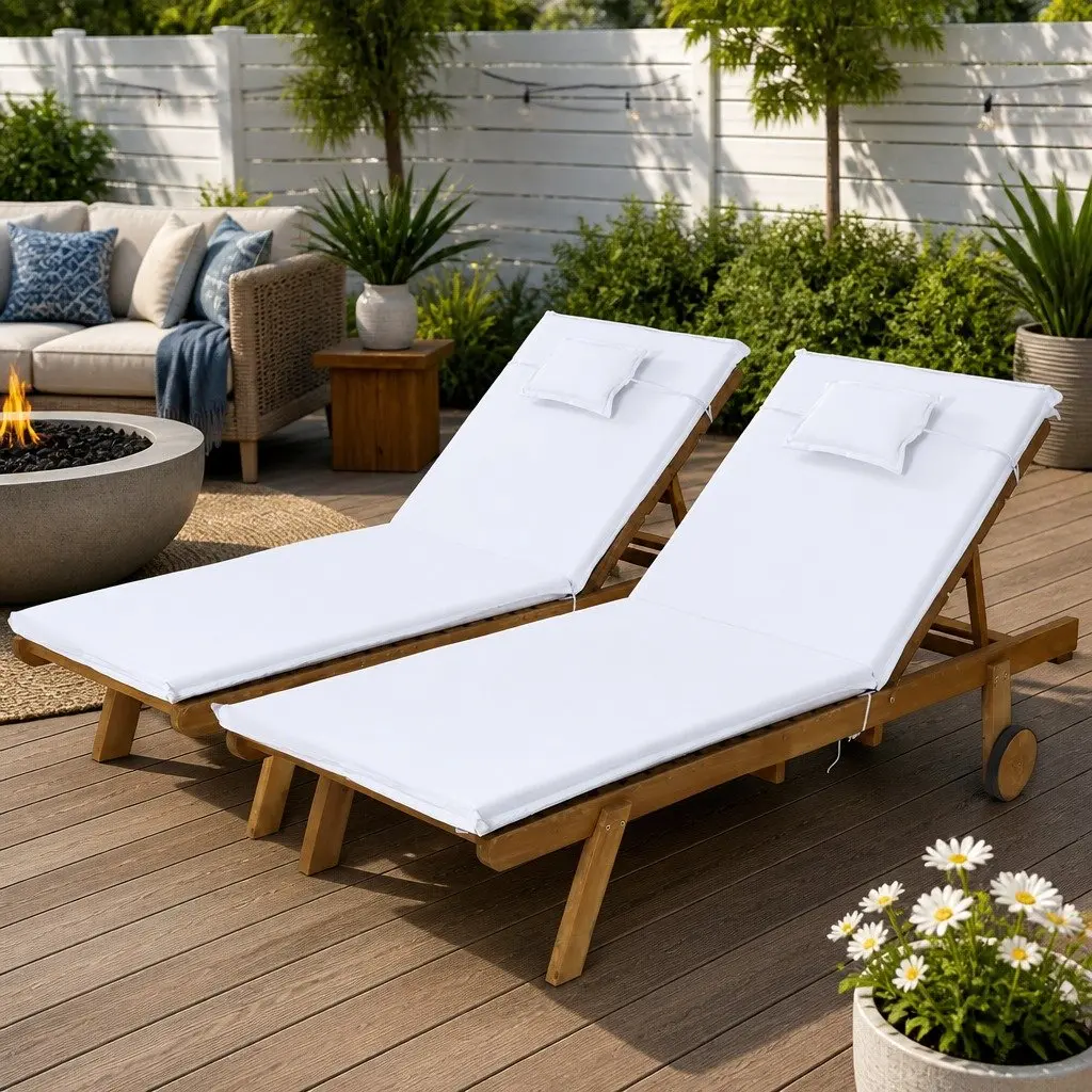 Sun Lounge Wooden Lounger Adjustable Outdoor Furniture Day Bed Natural Wood White Cushion