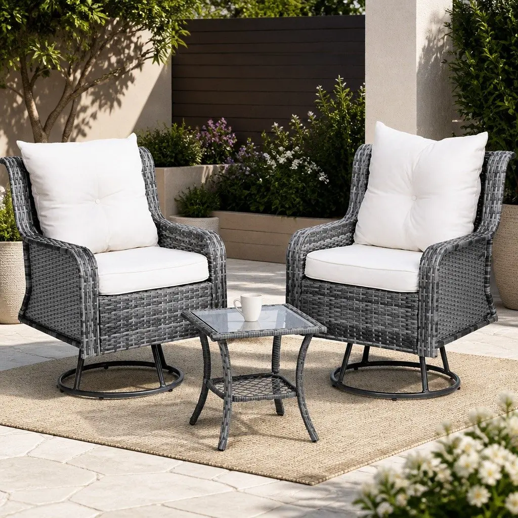 3 Piece Outdoor Bistro Set Wicker Swivel Chairs Side Table Grey