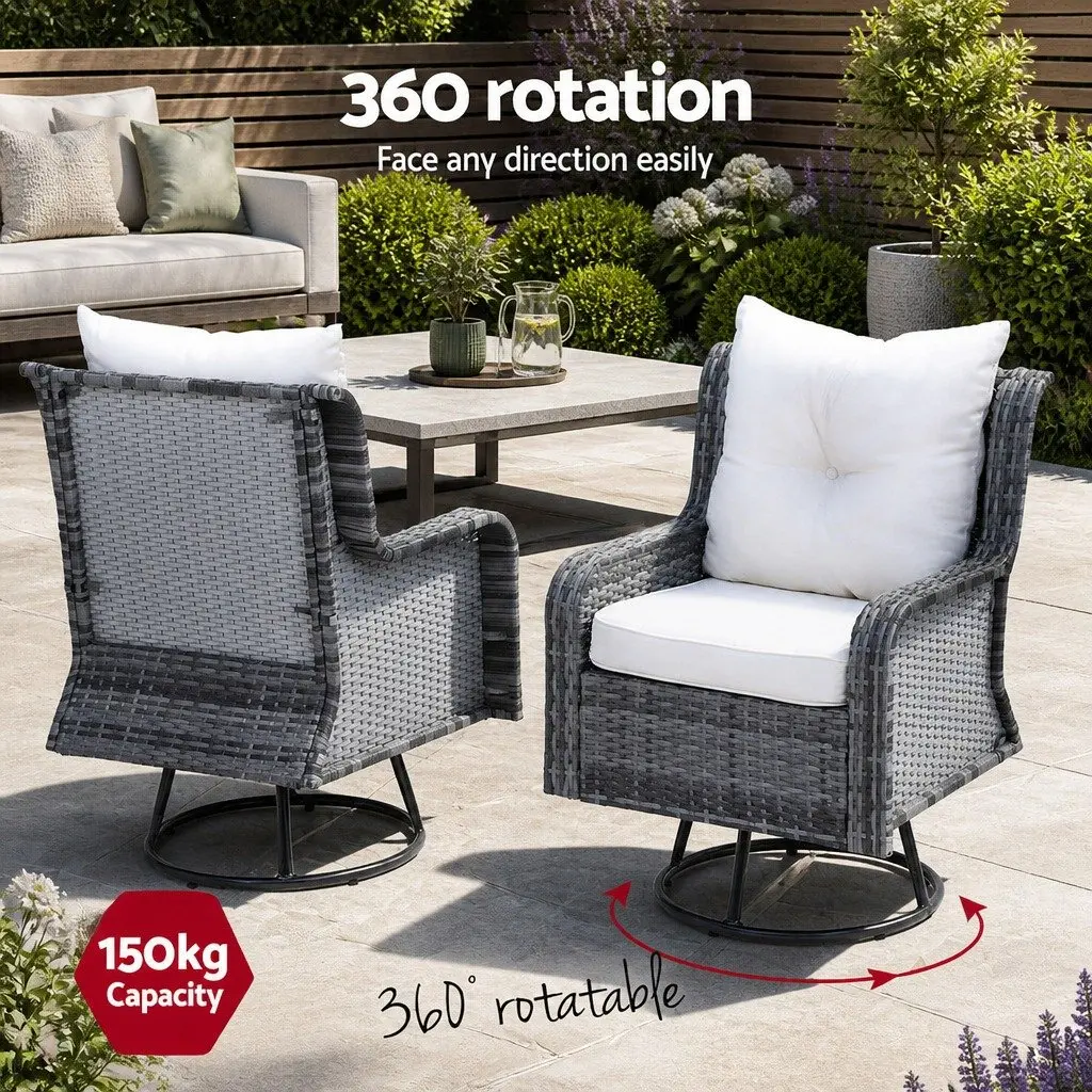 3 Piece Outdoor Bistro Set Wicker Swivel Chairs Side Table Grey