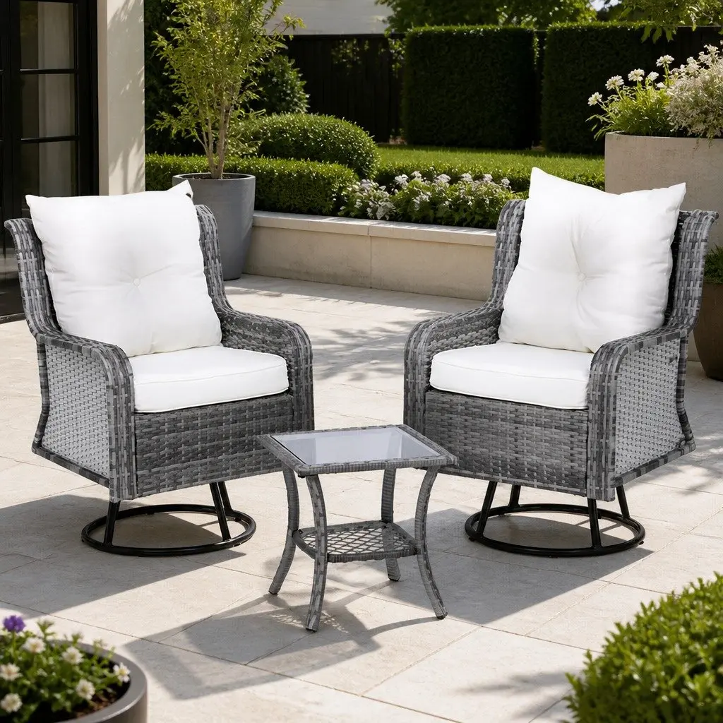 3 Piece Outdoor Bistro Set Wicker Swivel Chairs Side Table Grey