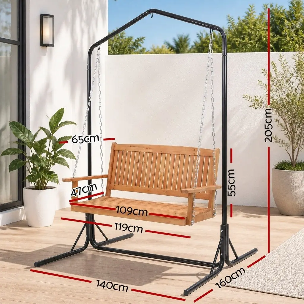 2-Seater Swing Chair Wooden Seat Metal Stand Outdoor Furniture Teak Black