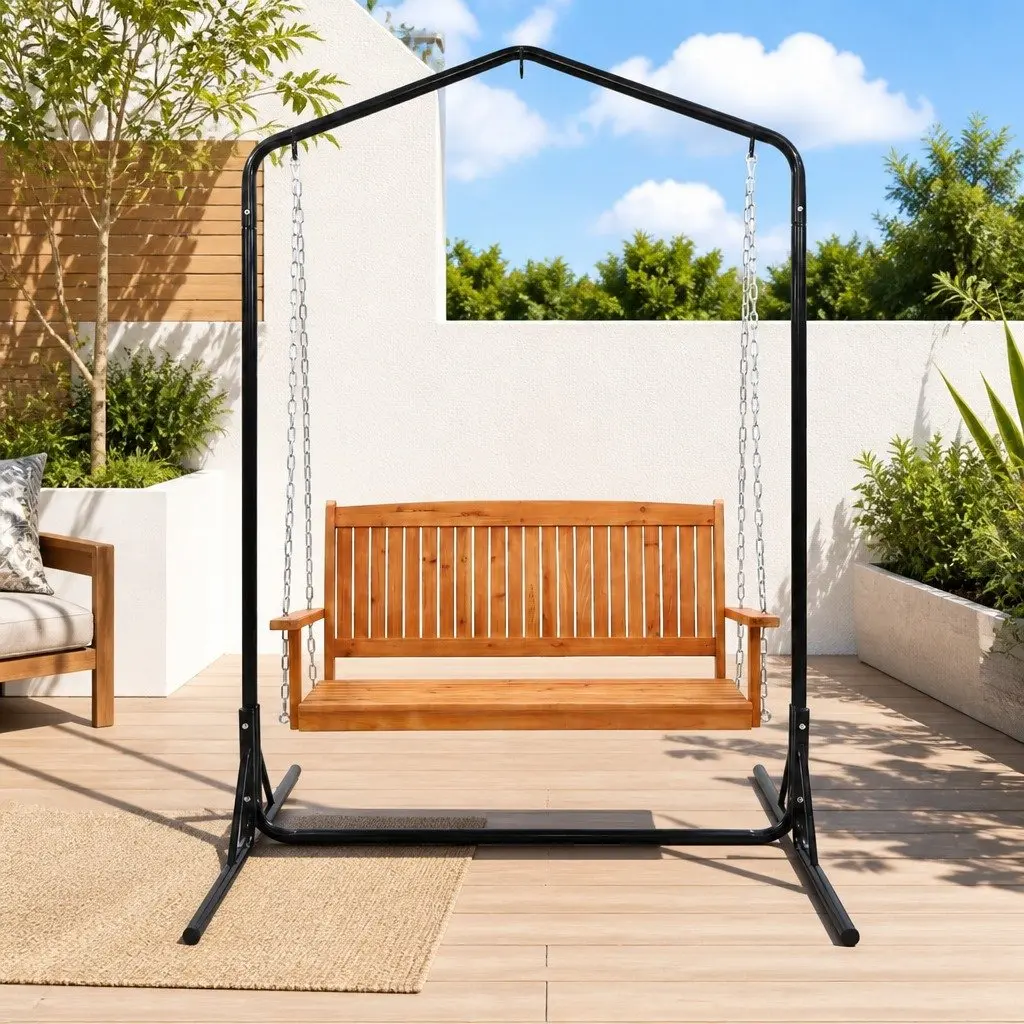 2-Seater Swing Chair Wooden Seat Metal Stand Outdoor Furniture Teak Black