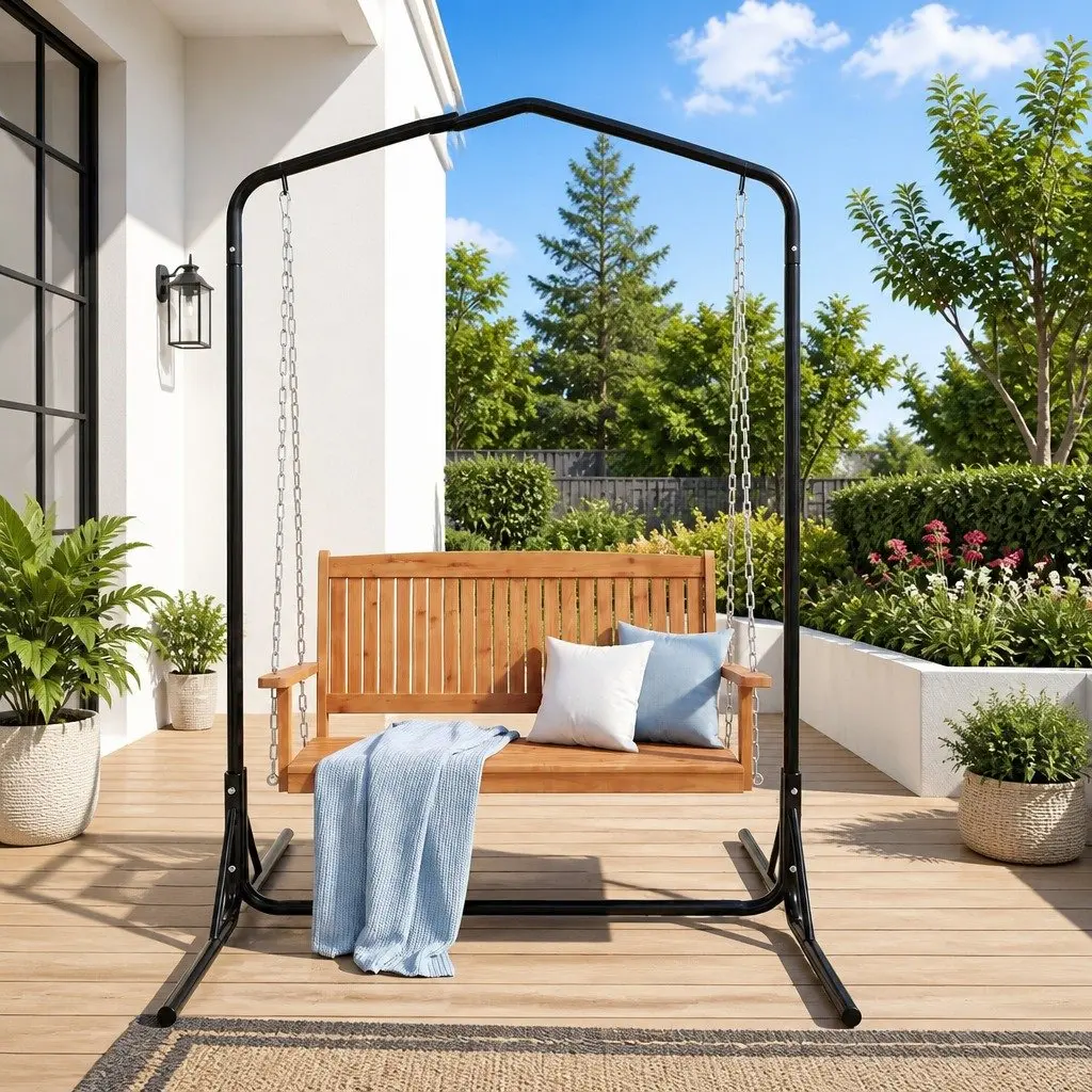 2-Seater Swing Chair Wooden Seat Metal Stand Outdoor Furniture Teak Black