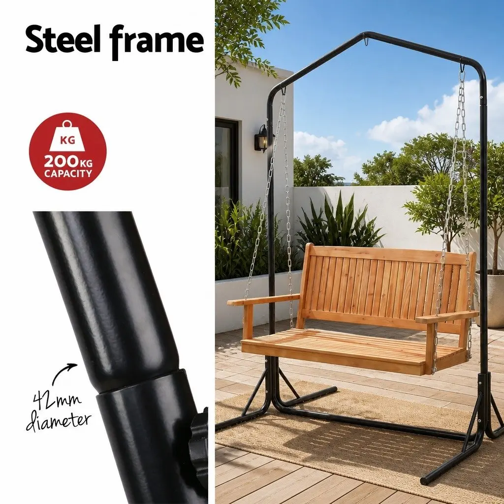 2-Seater Swing Chair Wooden Seat Metal Stand Outdoor Furniture Teak Black