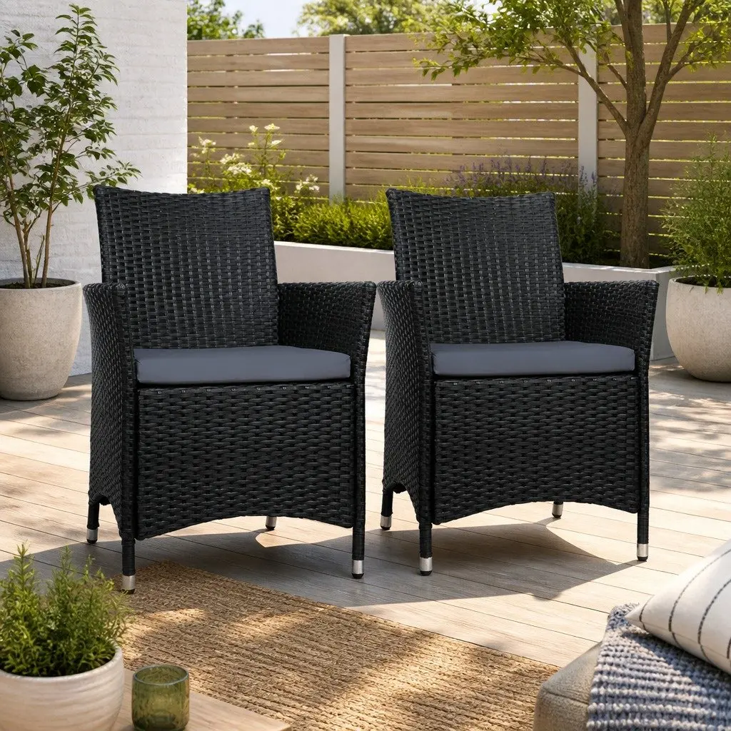 Outdoor Dining Chairs Wicker PE Black Cushion 2PC Set