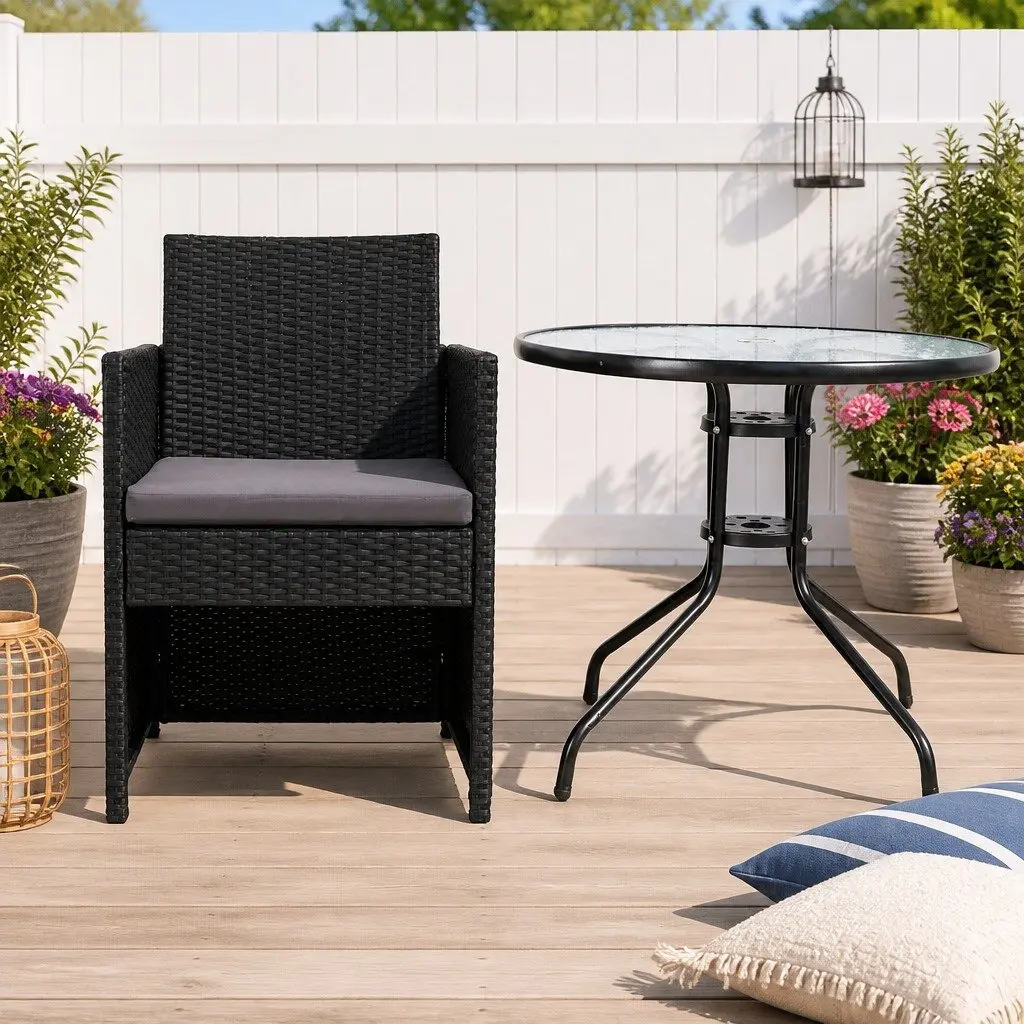 3PC Outdoor Bistro Set Black Rattan Chairs Glass Table Patio Garden Furniture