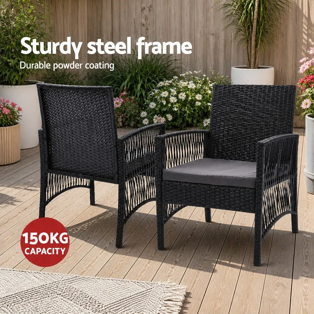 3 Piece Outdoor Bistro Set Glass Top Table Wicker Chairs Cushions Patio Garden