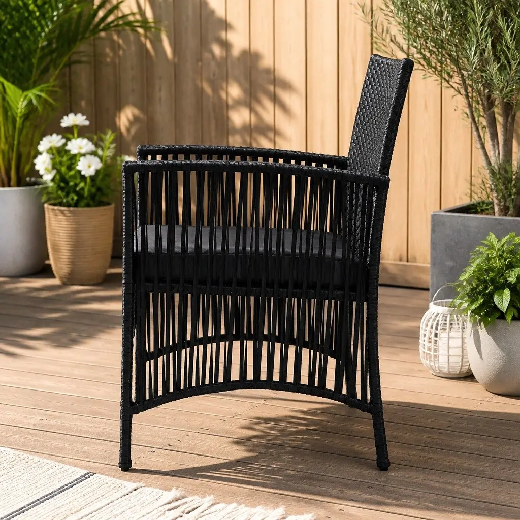 3 Piece Outdoor Bistro Set Glass Top Table Wicker Chairs Cushions Patio Garden