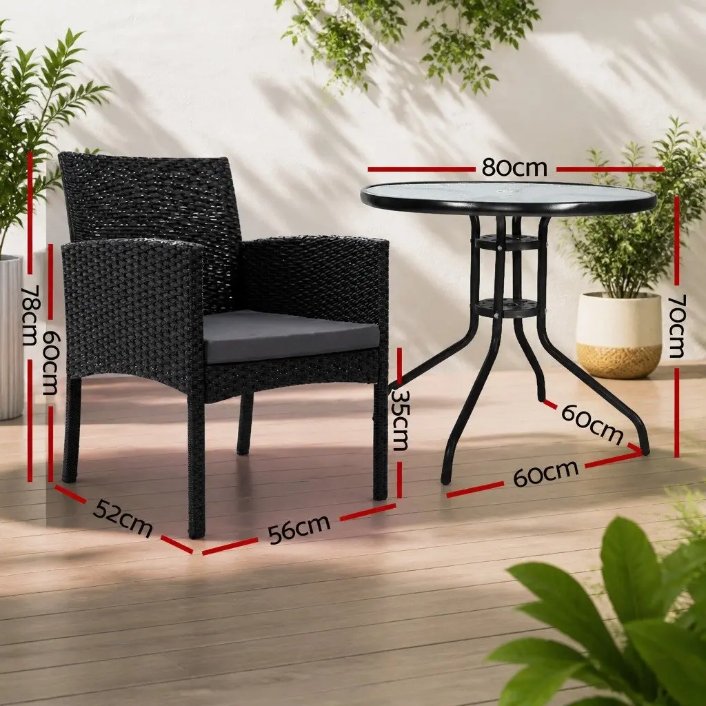 3PC Outdoor Bistro Set Black Rattan Chairs Glass Table Patio Garden Furniture