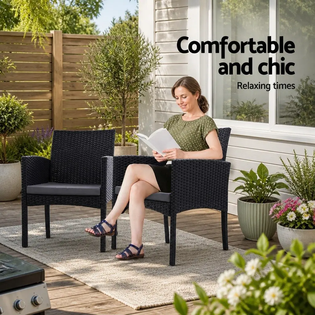 3PC Outdoor Bistro Set Black Rattan Chairs Glass Table Patio Garden Furniture