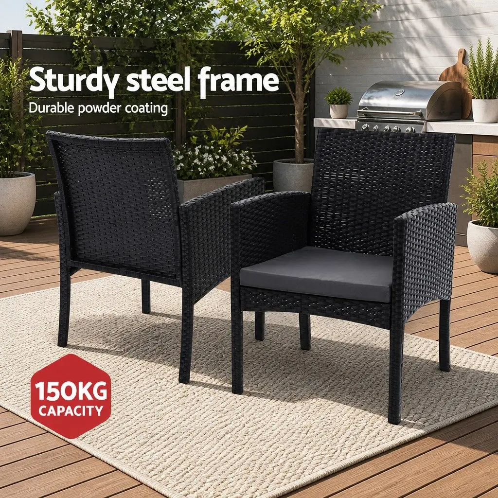 3PC Outdoor Bistro Set Black Rattan Chairs Glass Table Patio Garden Furniture