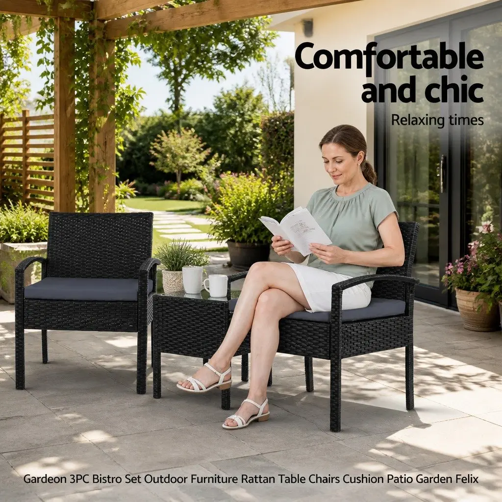 3-Piece Bistro Set Outdoor Furniture Rattan Chairs Glass Table Cushion Patio