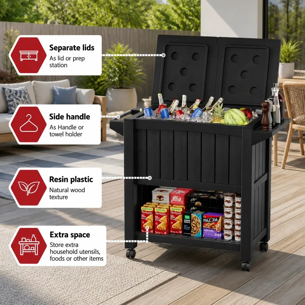 Outdoor Serving Cart Resin Plastic 102cm Black 80L Ice Bucket