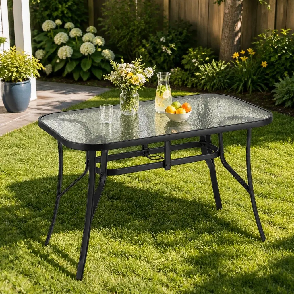 Outdoor Dining Table Steel Frame 120cm Tempered Glass Black