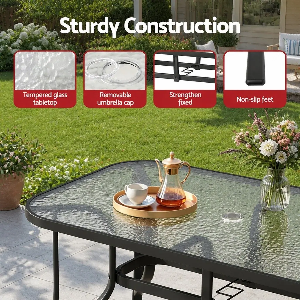 Outdoor Dining Table Steel Frame 120cm Tempered Glass Black