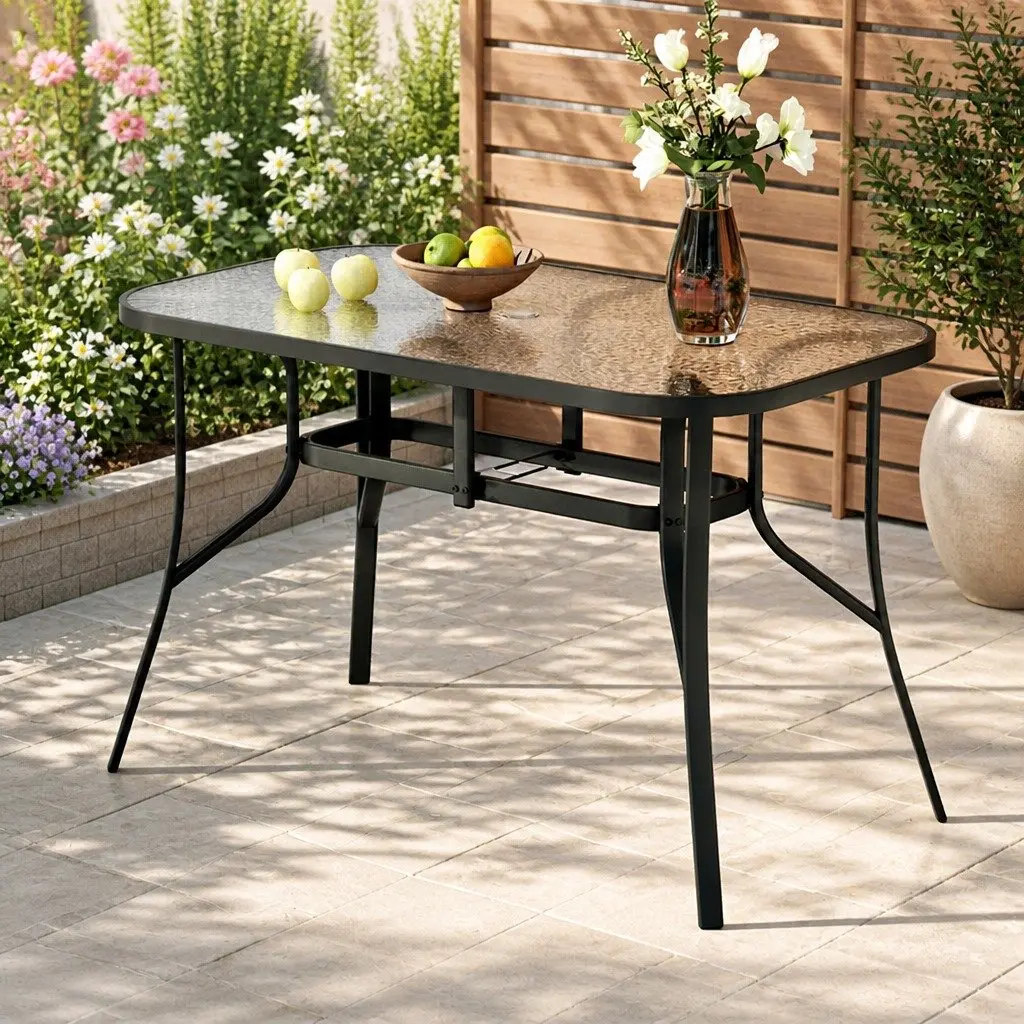 Outdoor Dining Table Steel Frame 120cm Tempered Glass Black