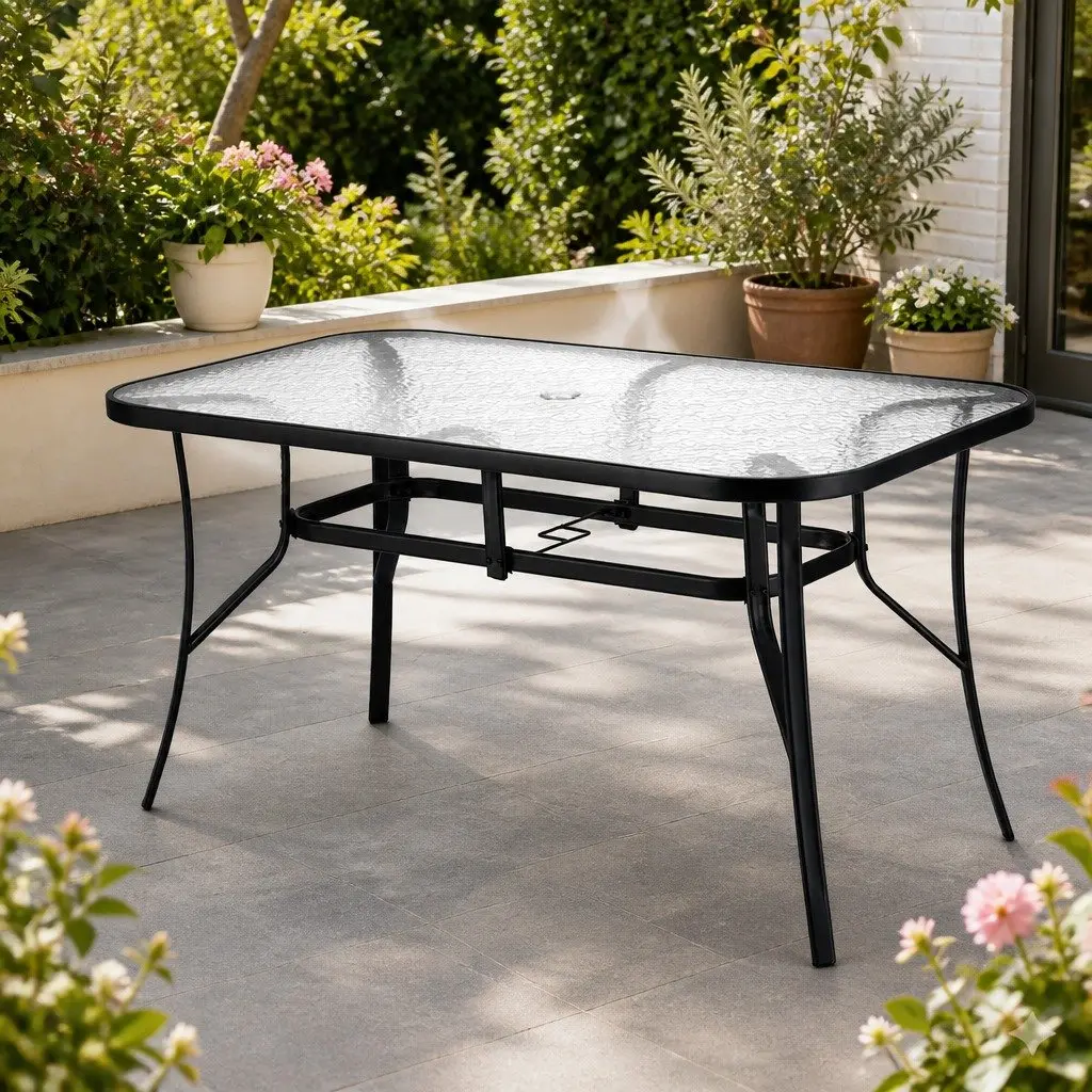 Outdoor Dining Table 140cm Black Steel Frame Tempered Glass Parasol Hole Patio