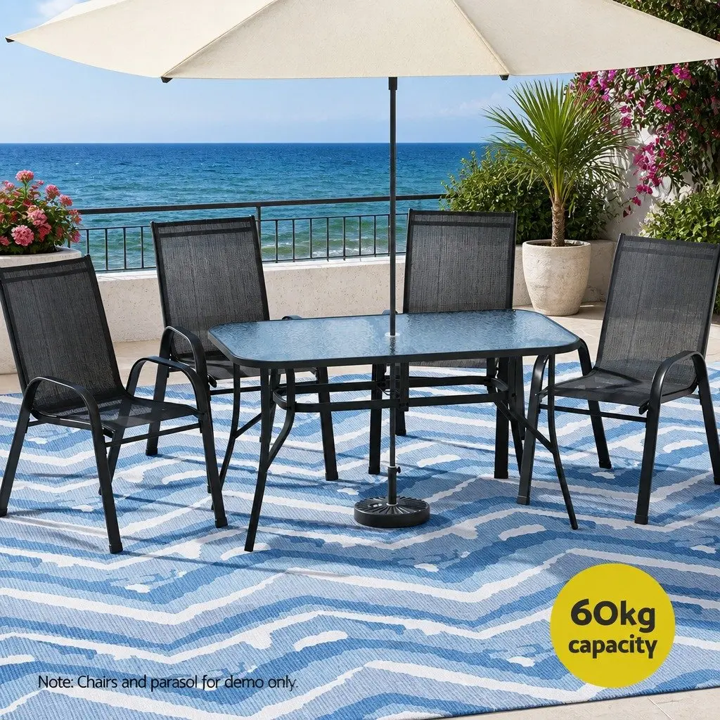 Outdoor Table Black Steel Frame 140cm Tempered Glass Top with Parasol Hole for Patio and Outdoor Use