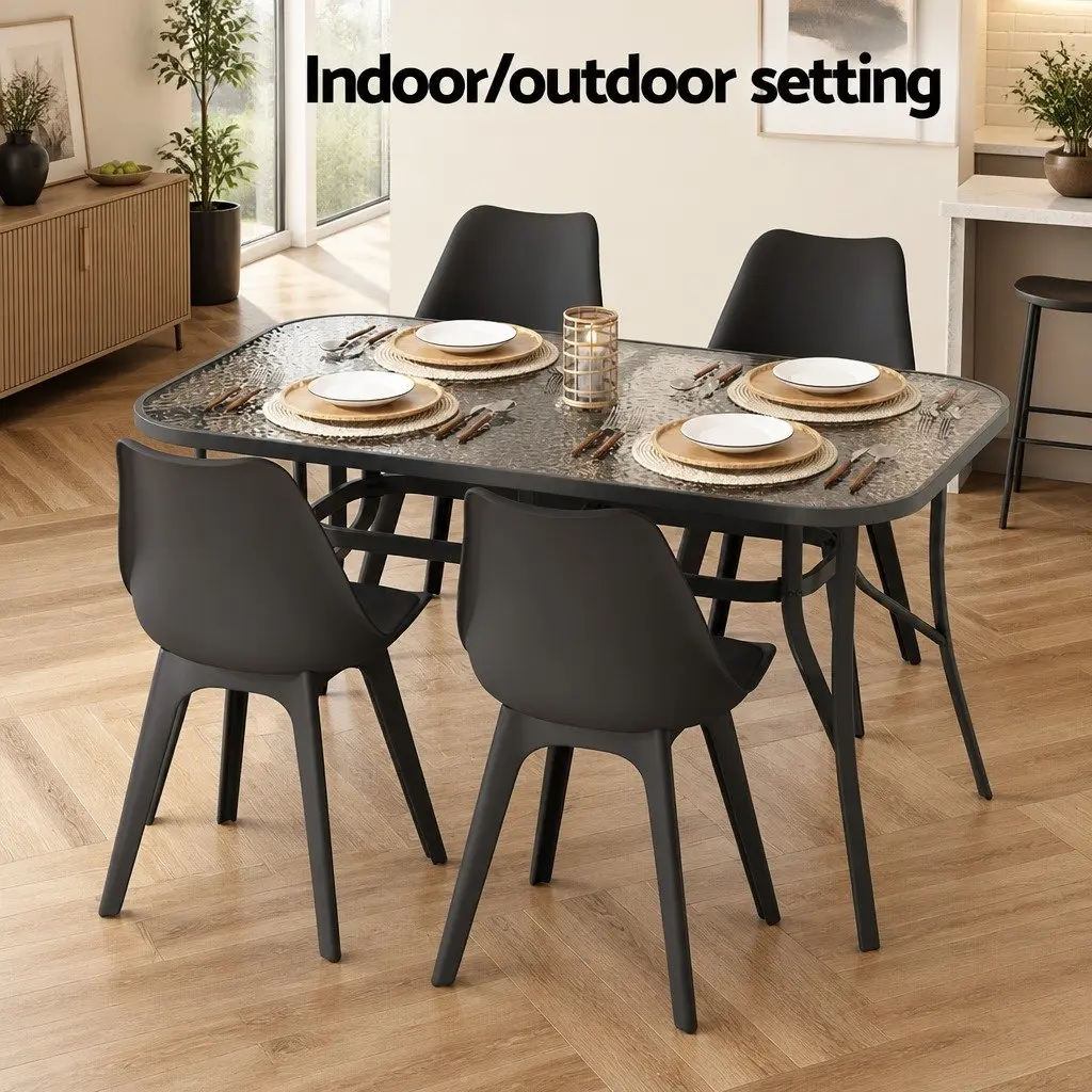 Outdoor Table Black Steel Frame 140cm Tempered Glass Top with Parasol Hole for Patio and Outdoor Use