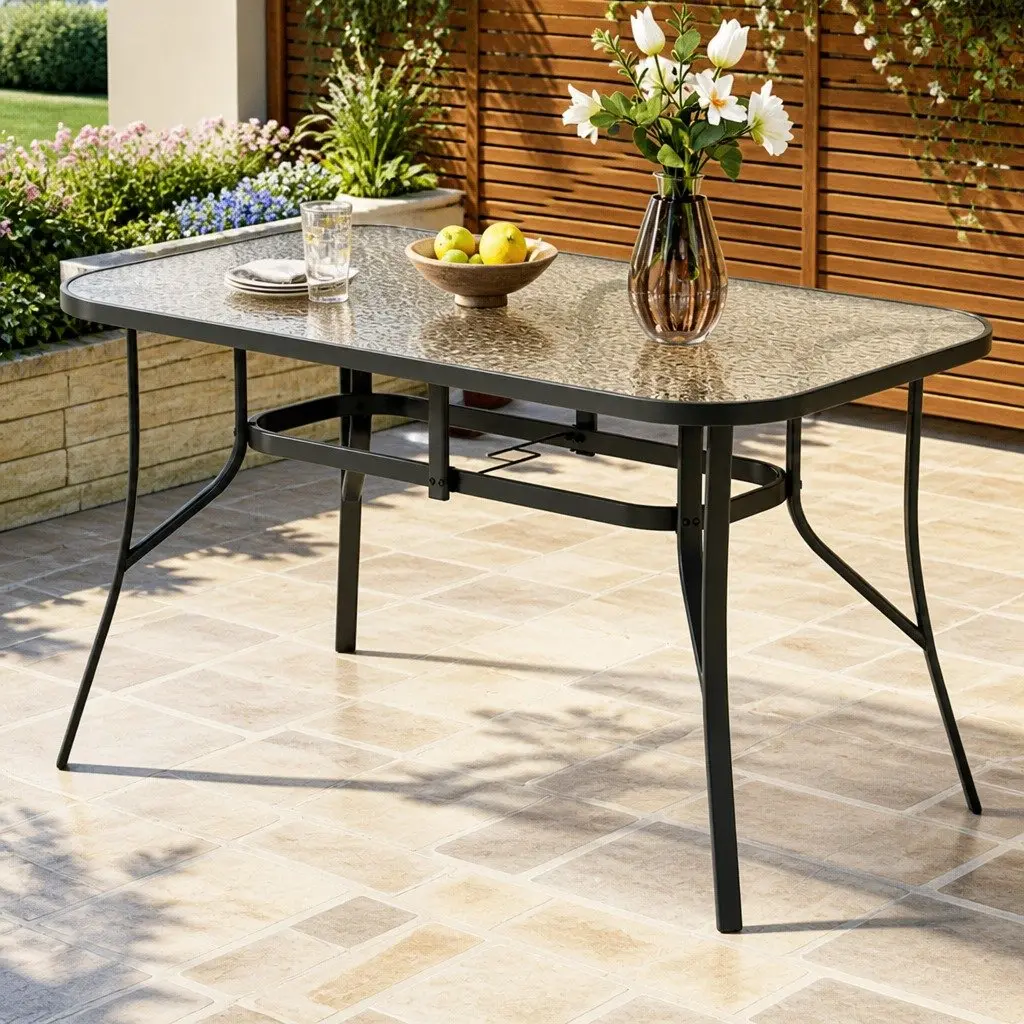 Outdoor Table Black Steel Frame 140cm Tempered Glass Top with Parasol Hole for Patio and Outdoor Use