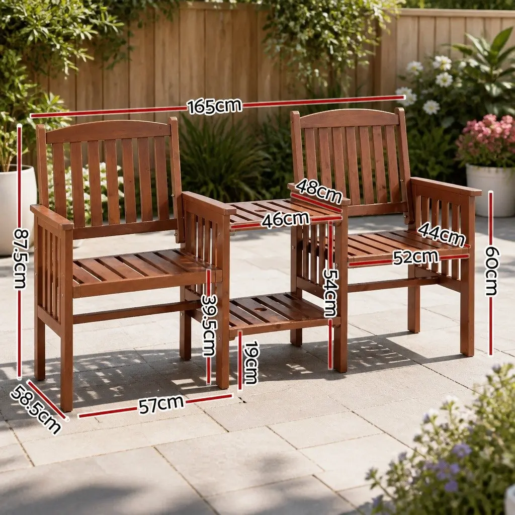 Garden Bench Wooden 2-Seater Loveseat Outdoor Furniture with Table Brown